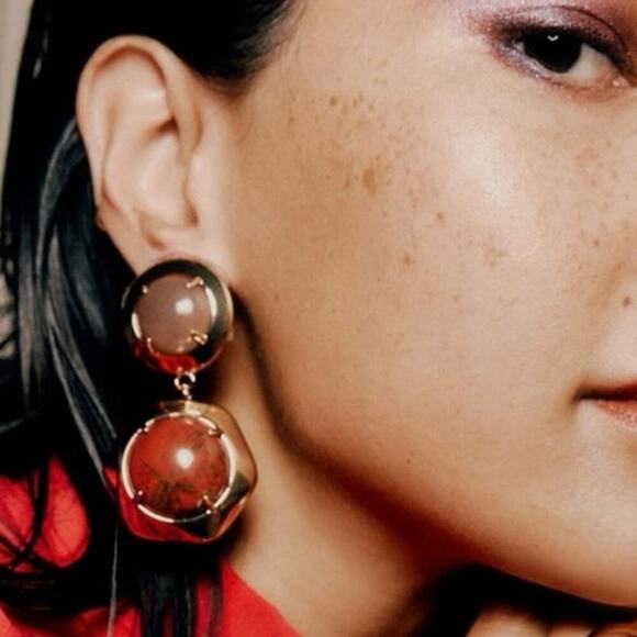 Lele Sadoughi Geo Bezel Red Harvest Jewel Drop Gold Plated Clip On Earrings - Picture 1 of 16